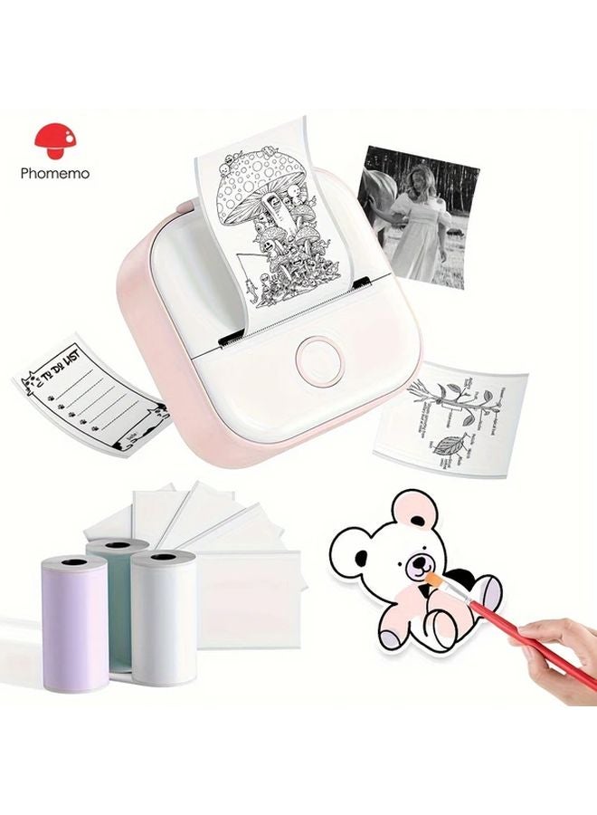 Phomemo T02 Pink Portable Thermal Printer Wireless 1000mAh Battery 3 Paper Rolls - Image 1