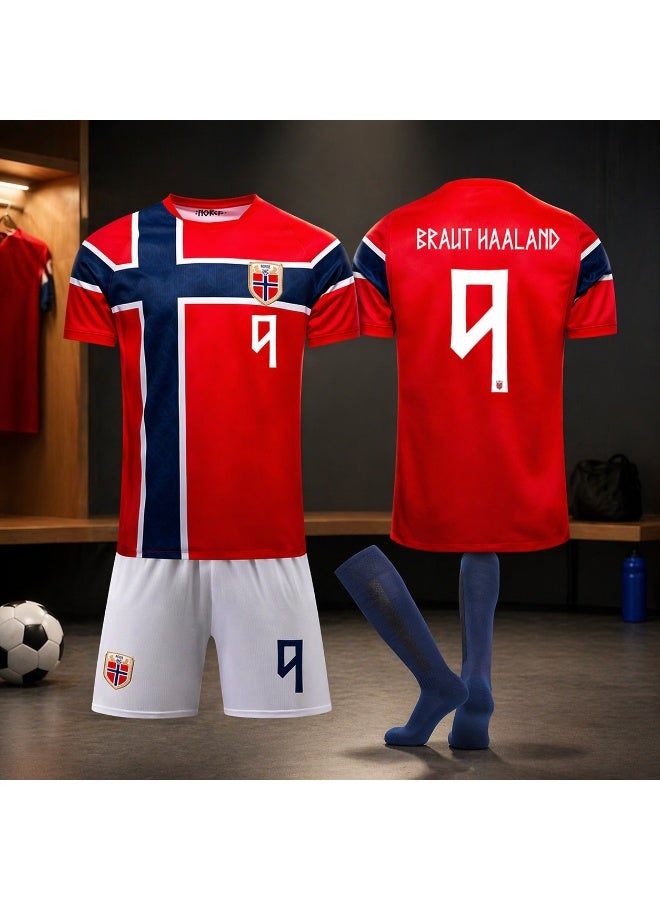 Norway Geographical 2026 World Cup Norway Home Soccer Kit #9 Short Sleeve Jersey Shorts Set with Matching Socks Multiple Sizes - Image 1