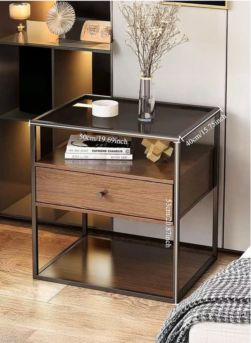 والالا طاولة سرير خشبية بثلاث طبقات مع أدراج تخزين، طاولات جانبية زجاجية، طاولة جانبية طويلة، طاولة سرير جانبية نموذجية، خزانة تخزين منزلية مع درج، إطار معدني - Image 1