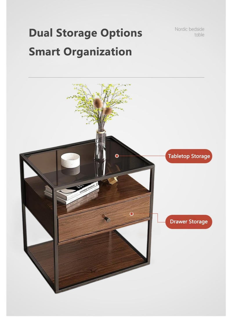 والالا طاولة سرير خشبية بثلاث طبقات مع أدراج تخزين، طاولات جانبية زجاجية، طاولة جانبية طويلة، طاولة سرير جانبية نموذجية، خزانة تخزين منزلية مع درج، إطار معدني - Image 2