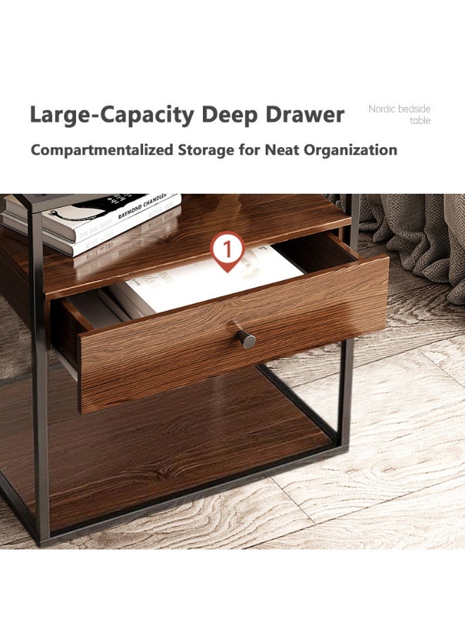 والالا طاولة سرير خشبية بثلاث طبقات مع أدراج تخزين، طاولات جانبية زجاجية، طاولة جانبية طويلة، طاولة سرير جانبية نموذجية، خزانة تخزين منزلية مع درج، إطار معدني - Image 4