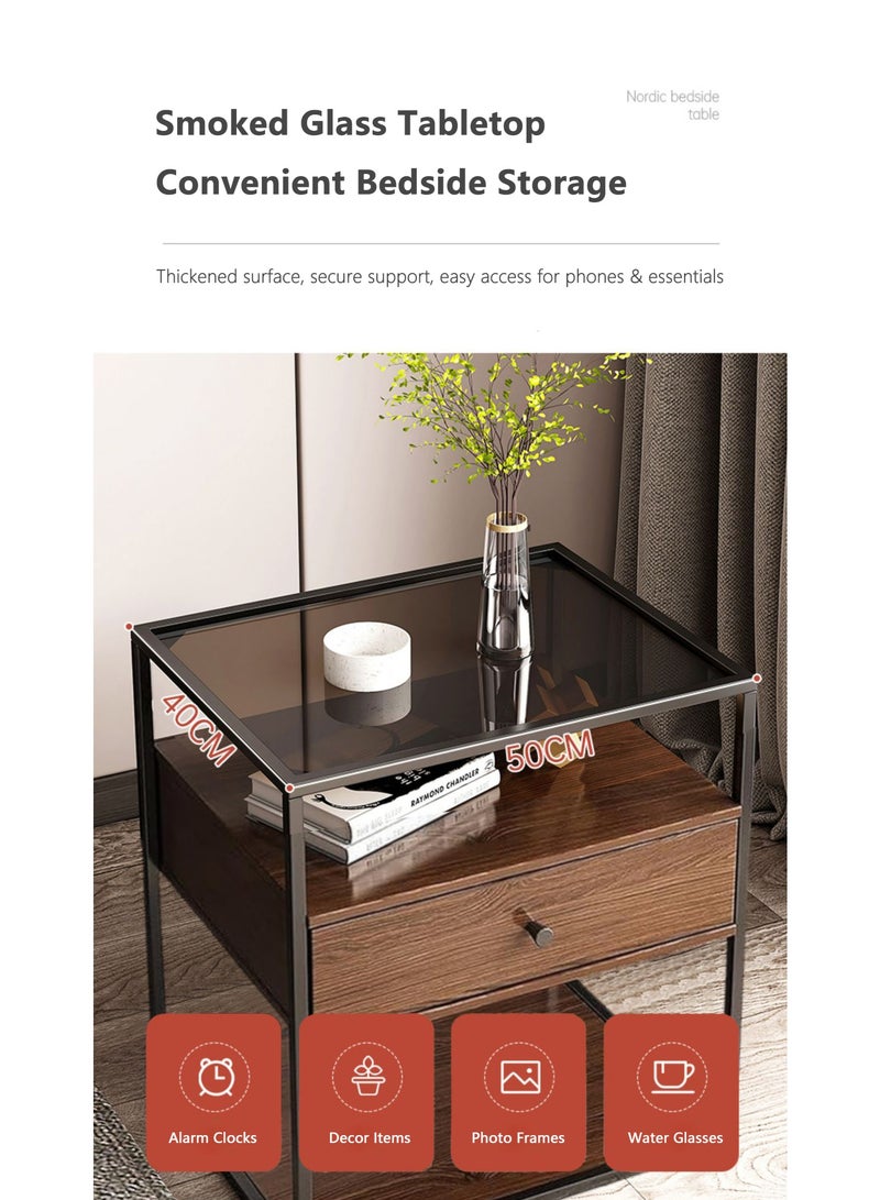 والالا طاولة سرير خشبية بثلاث طبقات مع أدراج تخزين، طاولات جانبية زجاجية، طاولة جانبية طويلة، طاولة سرير جانبية نموذجية، خزانة تخزين منزلية مع درج، إطار معدني - Image 3