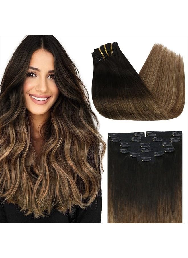 Sunny Hair Sunny Clip in Hair Extensions, Ombre Clip in Hair Extensions Real Human Hair Natural Black Ombre Dark Brown Mix Blonde Human Hair Extensions Double Weft 120g 7pcs 16inch  - Image 1