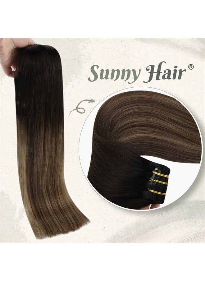 Sunny Hair Sunny Clip in Hair Extensions, Ombre Clip in Hair Extensions Real Human Hair Natural Black Ombre Dark Brown Mix Blonde Human Hair Extensions Double Weft 120g 7pcs 16inch  - Image 4