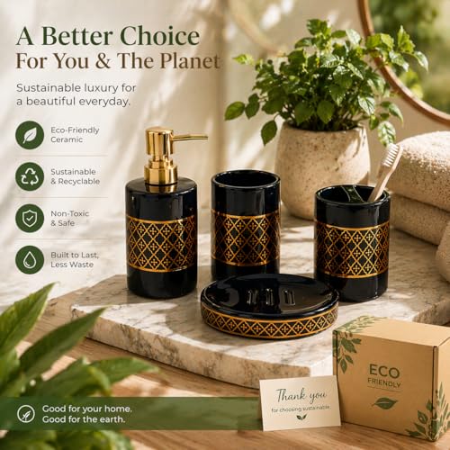 Whizzo® Intricate Ceramic Bathroom Accessories Set Ceramic - 4 Pieces Bathroom Accessories Set Soap Dispenser, Toothbrush Holder, Tumbler, Soap Dish, The Best Gifting Choice (Black, WZ-BS-798-Black) - Image 4