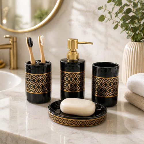 Whizzo® Intricate Ceramic Bathroom Accessories Set Ceramic - 4 Pieces Bathroom Accessories Set Soap Dispenser, Toothbrush Holder, Tumbler, Soap Dish, The Best Gifting Choice (Black, WZ-BS-798-Black) - Image 5