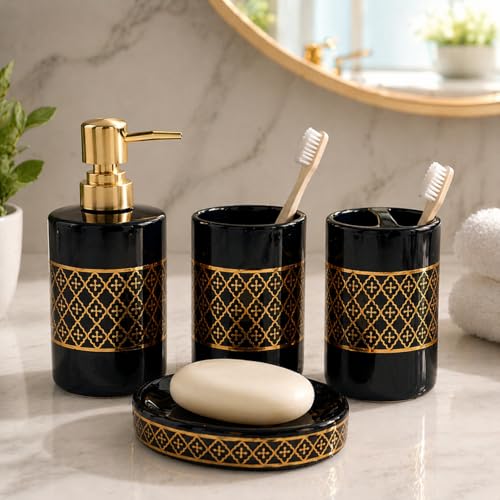 Whizzo® Intricate Ceramic Bathroom Accessories Set Ceramic - 4 Pieces Bathroom Accessories Set Soap Dispenser, Toothbrush Holder, Tumbler, Soap Dish, The Best Gifting Choice (Black, WZ-BS-798-Black) - Image 3