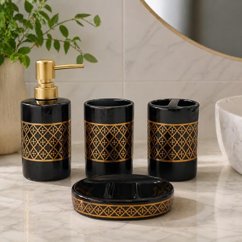 Whizzo® Intricate Ceramic Bathroom Accessories Set Ceramic - 4 Pieces Bathroom Accessories Set Soap Dispenser, Toothbrush Holder, Tumbler, Soap Dish, The Best Gifting Choice (Black, WZ-BS-798-Black) - Image 1
