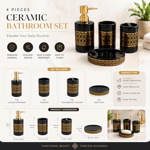 Whizzo® Intricate Ceramic Bathroom Accessories Set Ceramic - 4 Pieces Bathroom Accessories Set Soap Dispenser, Toothbrush Holder, Tumbler, Soap Dish, The Best Gifting Choice (Black, WZ-BS-798-Black) - Image 2