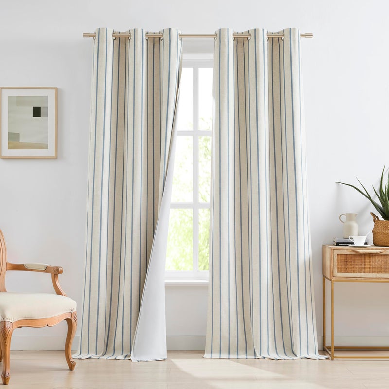 Bapawfish Dusty Blue Striped Blackout Curtain Panels 84 Inches Length,Woven Vertical Stripes on Beige Linen Blended Neutral Drapes,Rustic Thermal Insulated Bedroom Window Treatment,Grommet,40"Wx84"Lx2 - Image 1