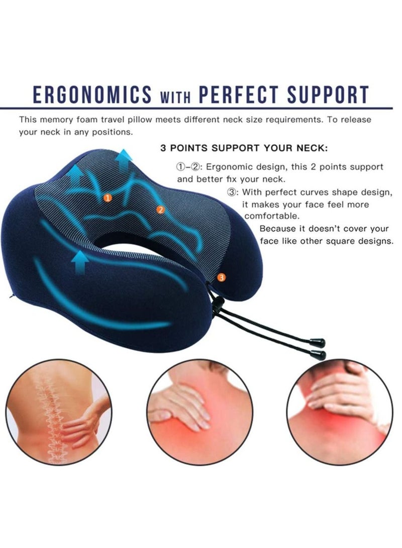 Womdee Travel Pillow 100% Pure Memory Foam Neck Pillow, Comfortable & Breathable Cover - Machine Washable, Airplane Travel Kit with 3D Sleep Mask, Earplugs, and Luxury Bag, Blue - Image 2