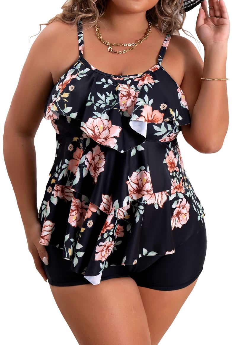 B2prity Women Plus Size Tankini Swimsuits Tummy Control Two Piece Bathing Suit Ruffled Flounce Swimwear with Shorts - Image 1