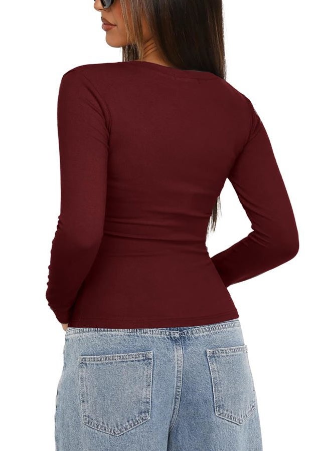 Darong Women's Long Sleeve Crew Neck Tops Casual Ruched Side Slim Fit Basic T Shirts Tee 9067 Wine Red M - Image 2