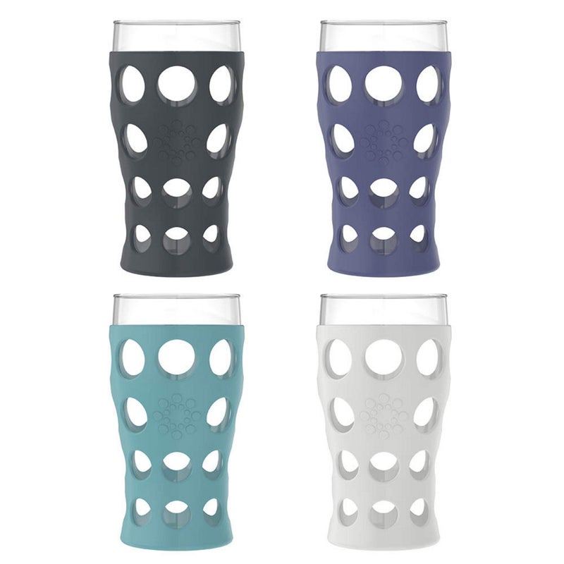 لايف فاكتوري Lifefactory 20-Ounce Beverage Glasses with Protective Silicone Sleeves, 4 Count (Pack of 1), Stone Gray, Aqua Teal, Dusty Purple, Carbon - Image 1