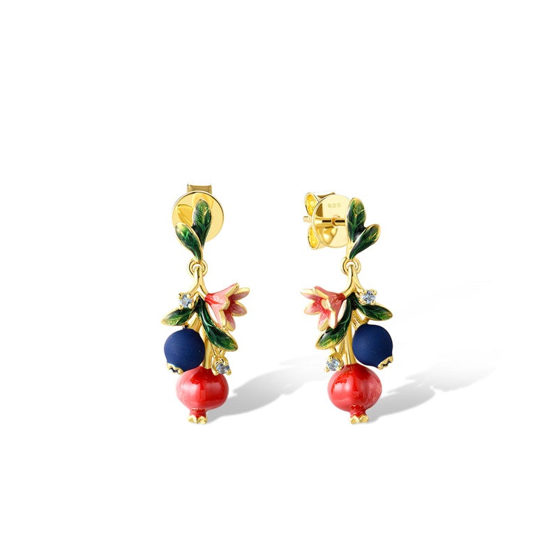 Santuzza 925 Sterling Silver Blueberry Drop Earrings Blue Spinel Enamel Fruit & Flower Stud Earrings for Women - Image 1