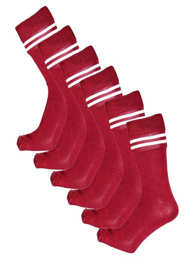 MIKONIKO Boys & Girls Maroon Colour With White Strips Cotton Calf Length School Socks (Pack of 6 Pairs)_4-5 Years - Image 1