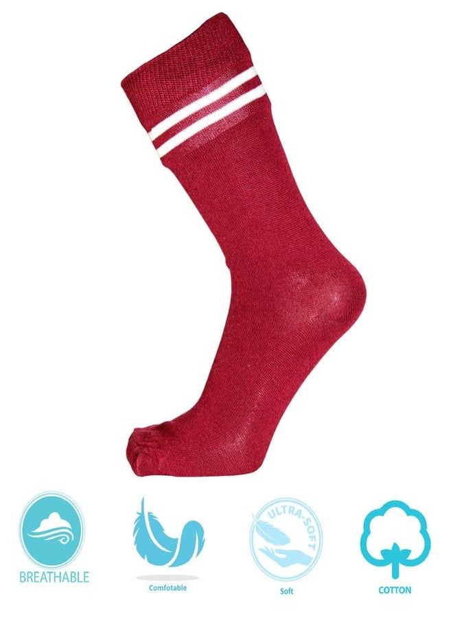 MIKONIKO Boys & Girls Maroon Colour With White Strips Cotton Calf Length School Socks (Pack of 6 Pairs)_4-5 Years - Image 2
