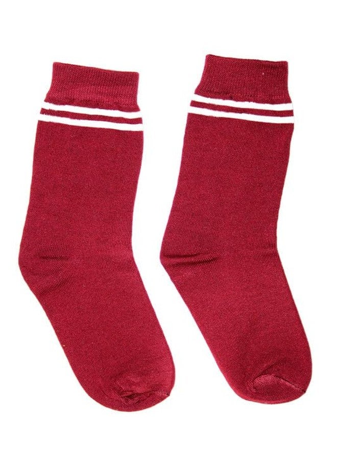 MIKONIKO Boys & Girls Maroon Colour With White Strips Cotton Calf Length School Socks (Pack of 6 Pairs)_4-5 Years - Image 3