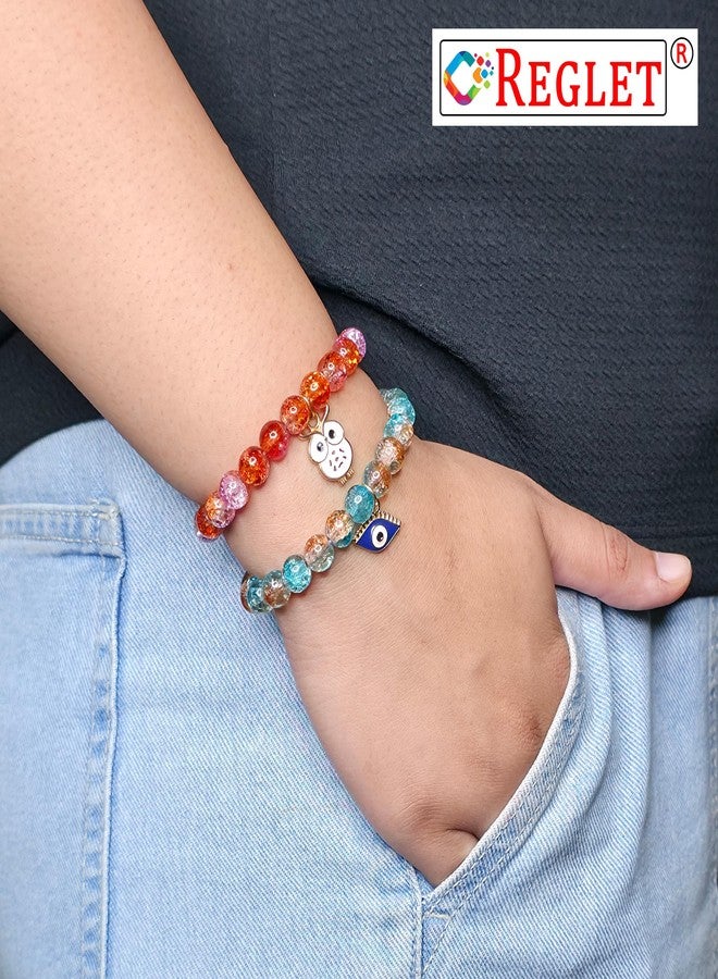 REGLET Pack of 12 - Dual Shade Sparkle Glass Bead Bracelet with Charms - Mullticolour - Handcrafted Stretchable Bracelet for Girls Stylish, Women - Adjustable - Bead Size 8mm - Image 5