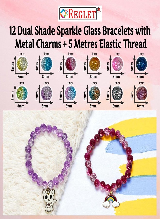REGLET Pack of 12 - Dual Shade Sparkle Glass Bead Bracelet with Charms - Mullticolour - Handcrafted Stretchable Bracelet for Girls Stylish, Women - Adjustable - Bead Size 8mm - Image 4