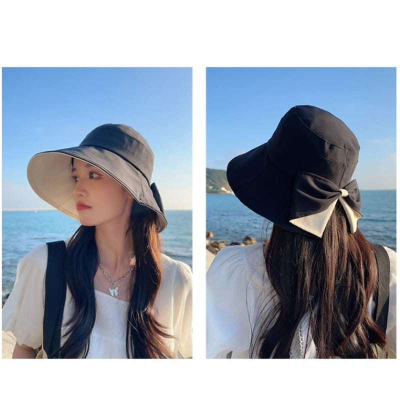 Qzkouma Womens Wide Brim Sun Hats UPF50+ UV Packable Beach Hat Summer Bow Decoration Bucket Cap for Travel Black - Image 3