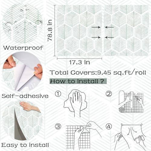 OSECAGE Modern Peel and Stick Wallpaper 17.3''×78.8'' Geometric Wallpaper Boho Contact Paper Green and White Self-Adhesive Wall Paper Removable Decorative Wallpapers for Bedroom Bathroom Cabinets Decor Vinyl - Image 3