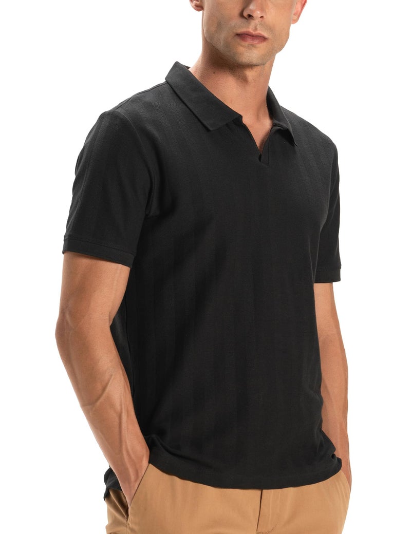 DAMENSCH Statement Textured Polo T-Shirts | Premium Cotton, Herringbone Texture, Johnny Collar-Pack of 1-Phantom Black-L - Image 1