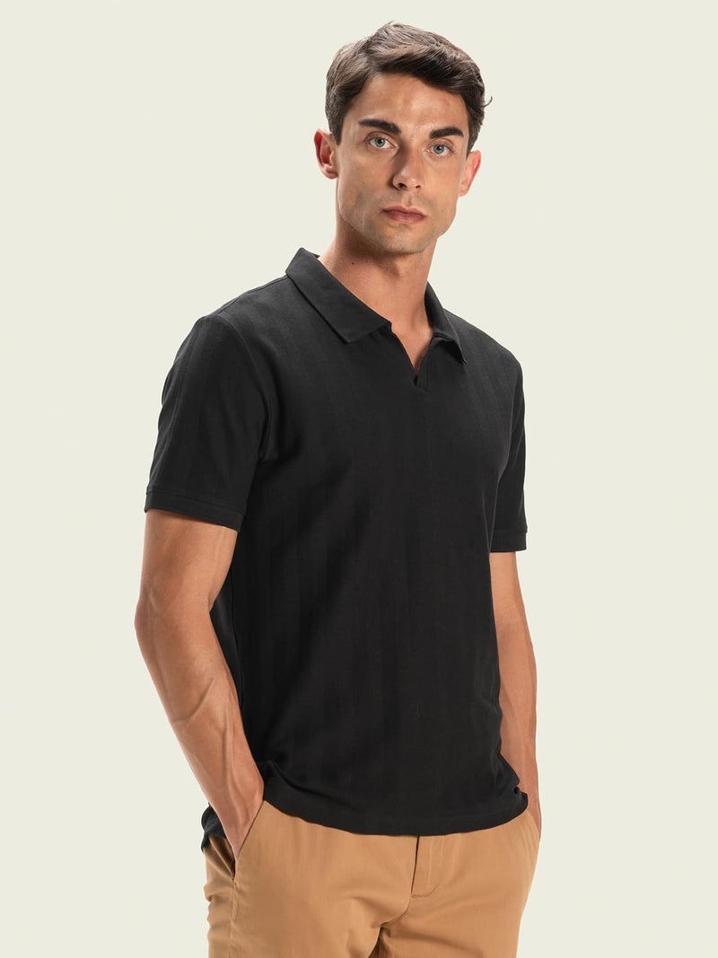 DAMENSCH Statement Textured Polo T-Shirts | Premium Cotton, Herringbone Texture, Johnny Collar-Pack of 1-Phantom Black-L - Image 5