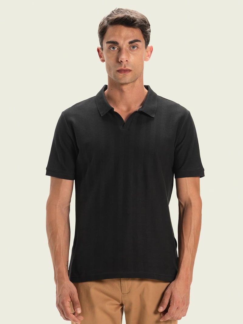 DAMENSCH Statement Textured Polo T-Shirts | Premium Cotton, Herringbone Texture, Johnny Collar-Pack of 1-Phantom Black-L - Image 4