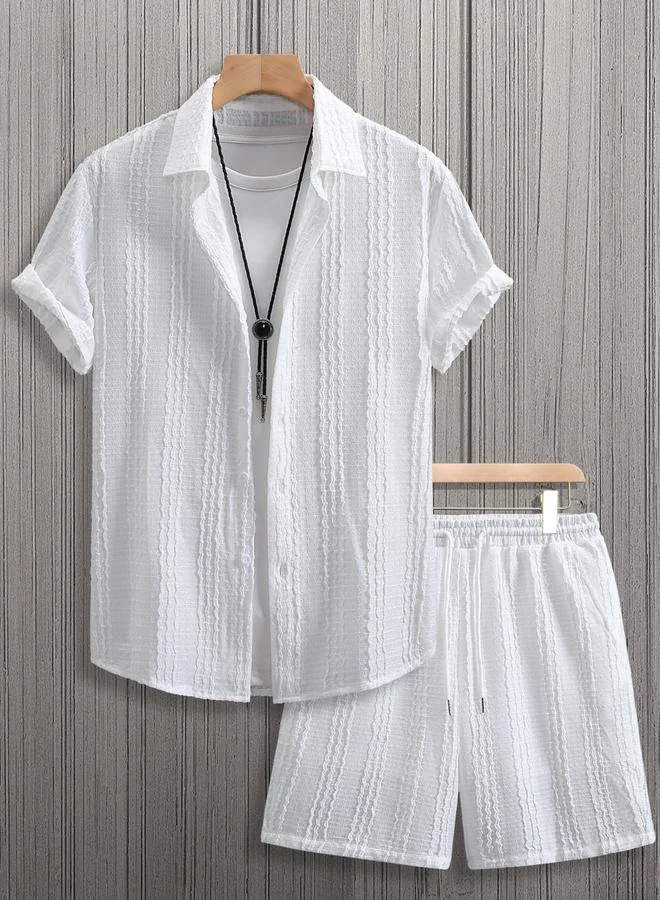 Take Two Men White Textured Short Sleeve Button Front Shirt and Shorts Co-Ords