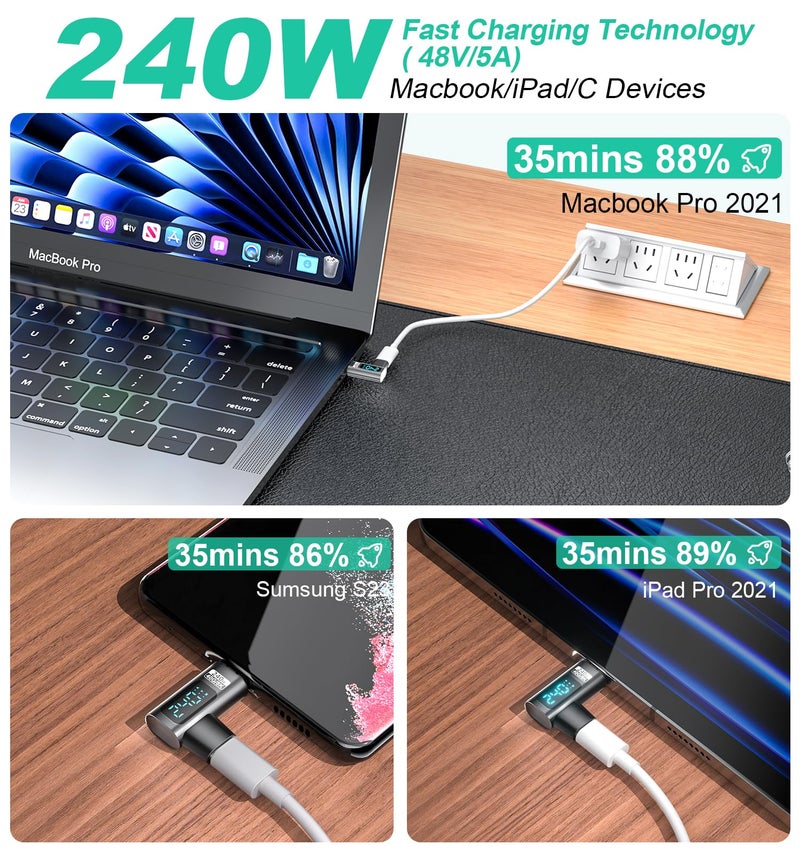 HanCenDa Type C Magnetic Adapter PD 240W 2Pack, 24Pin USB C to USB C Adapter Right with Voltage, Current and Power Smart LED Display, 40Gbps 8K 60Hz Video for iPhone 17/16/15, Steam Deck, ROG Ally - Image 3