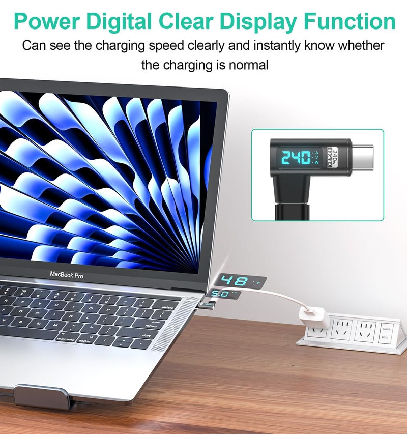 HanCenDa Type C Magnetic Adapter PD 240W 2Pack, 24Pin USB C to USB C Adapter Right with Voltage, Current and Power Smart LED Display, 40Gbps 8K 60Hz Video for iPhone 17/16/15, Steam Deck, ROG Ally - Image 2