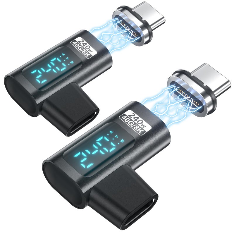 HanCenDa Type C Magnetic Adapter PD 240W 2Pack, 24Pin USB C to USB C Adapter Right with Voltage, Current and Power Smart LED Display, 40Gbps 8K 60Hz Video for iPhone 17/16/15, Steam Deck, ROG Ally - Image 1