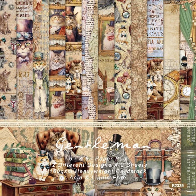 DESEACO 24 Sheets Vintage Cat Scrapbooking Paper Pad 6x6, Decorative Single-Side Craft Paper for Adult Journaling, Card Making, Collage & DIY Scrapbook Projects - Image 1