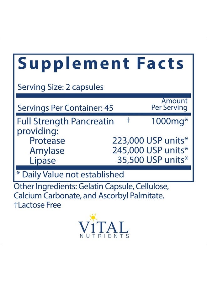 Vital Nutrients إنزيمات البنكرياس 1000 ملغ (قوة كاملة) مكمل هضمي مع بروتياز وأميلاز وليباز إنزيمات هضمية خالية من الغلوتين وخالية من الصويا وخالية من الألبان 90 كبسولة - Image 3