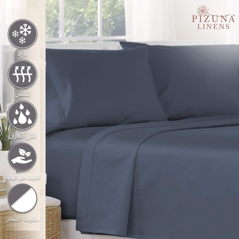 PIZUNA 100% Cotton Flat Bedsheet Double Bed 230x280 cm Dark Blue 1 PC, 400 Thread Count Luxurious Long Staple Cotton Sateen Weave Bed Sheet Dark Blue (ملاءة سرير مسطحة من القطن 100%) - Image 2