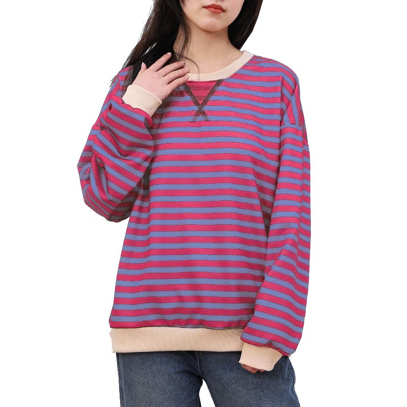 Stripesd Pattern Round Neck Trendyy Spring Simple Home Casual Long-Sleeved Pullover Color Matching T-Shirt - Image 1
