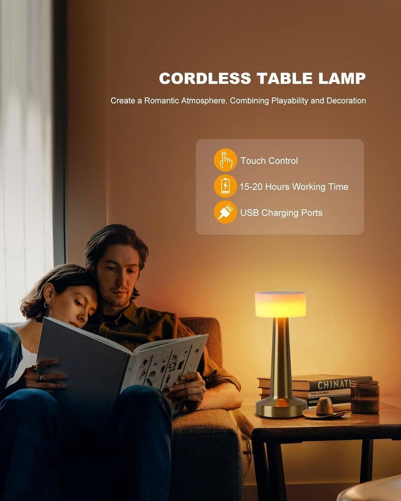 CYMNIX Rechargeable Golden LED Touch Lamp – Cordless Dimmable Table Light with 3 Brightness Levels | Portable Metal Bedside Lamp for Bedroom, Living Room, Café & Restaurant Décor - Image 5