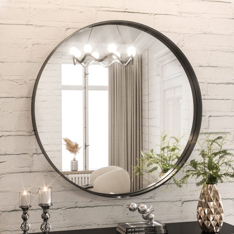TokeShimi Round Black Mirror 24 Inch for Wall Decor Black Circle Bathroom Mirror with NonRusting Aluminum Alloy Brushed Matte Metal Frame for Modern Minimalist Farmhouse Home Decor