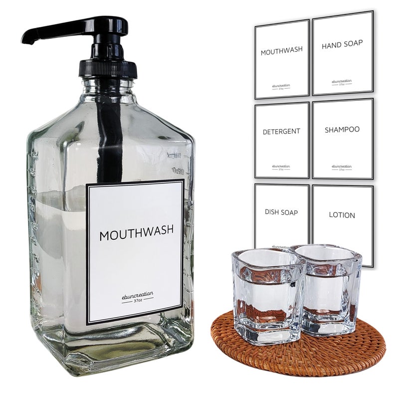 Ebun eBun 37oz Glass Mouthwash Dispenser for Bathroom Mouthwash Dispenser Pump Mouth Wash Container with Reusable Cup Mouth Wash Bottle Countertop Kitchen Sink Dish Liquid Soap Holder Set Black