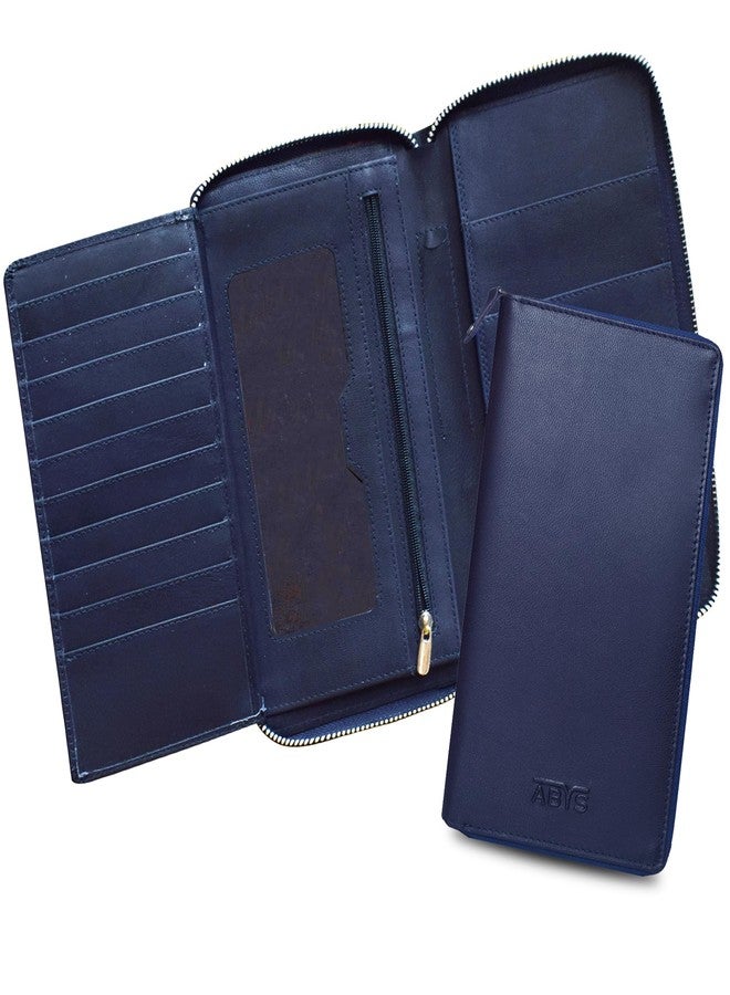 ABYS حامل مستندات من الجلد الطبيعي من ABYS، مزود بتقنية حجب RFID، باللون الأزرق الداكن، مع سحاب معدني للإغلاق (GP01BL) - Image 1