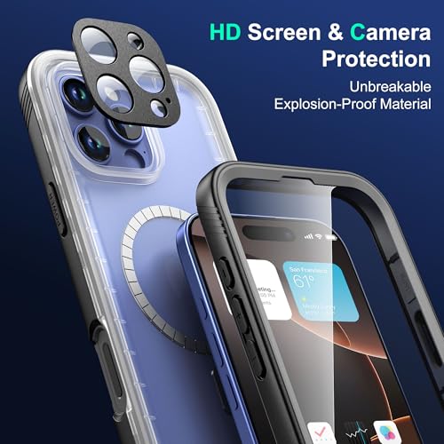 SOKUSIN Magnetic for iPhone 16 Pro Max Case Waterproof - Comaptible with Magsafe, Built in Screen & Lens Protector, Shockproof Drop/Dust Proof Case, Full Body Rugged Cover, 6.9" Black/Frosted Clear - Image 4
