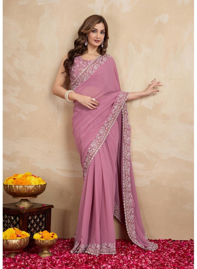 TRENDMALLS Women's Georgette Embroidery Sequin Work Saree with Unstitch Blouse Piece (K1001-Pink-) - Image 4