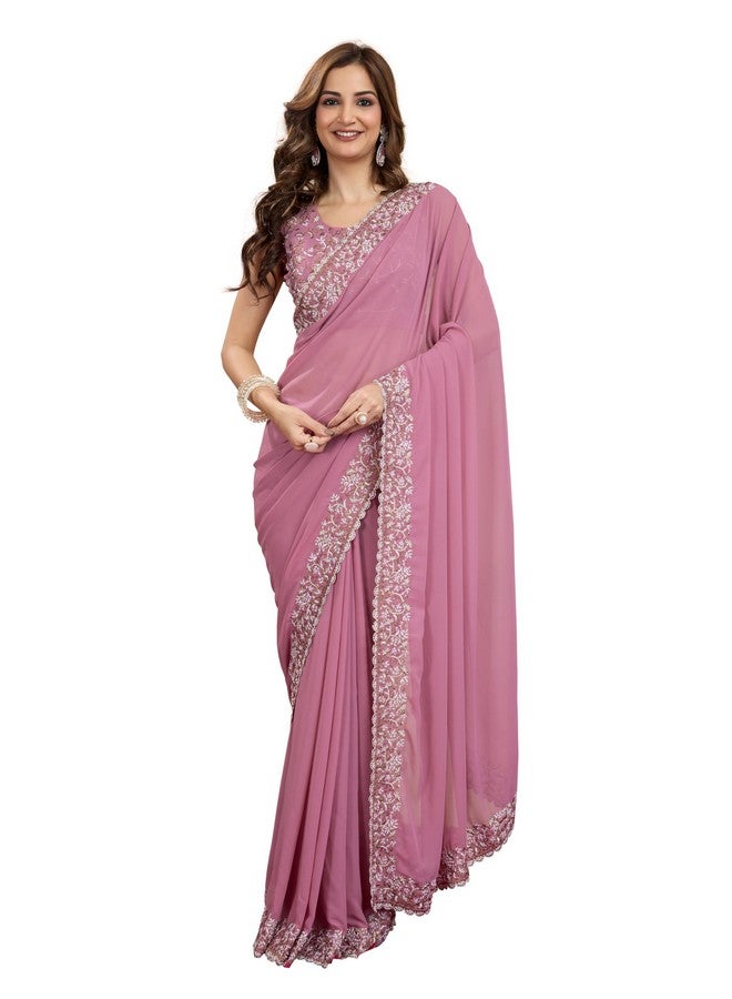 TRENDMALLS Women's Georgette Embroidery Sequin Work Saree with Unstitch Blouse Piece (K1001-Pink-) - Image 1