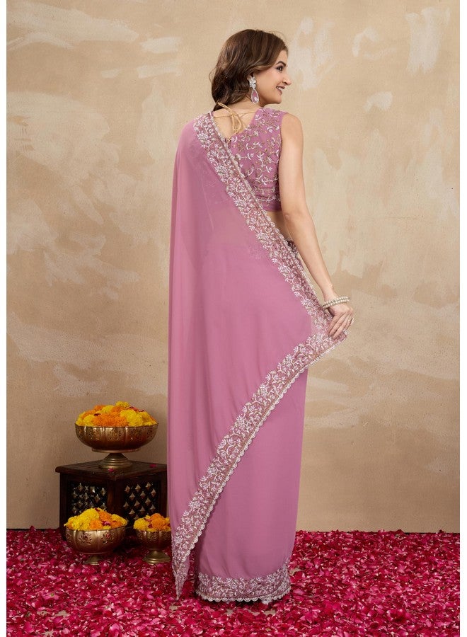 TRENDMALLS Women's Georgette Embroidery Sequin Work Saree with Unstitch Blouse Piece (K1001-Pink-) - Image 2