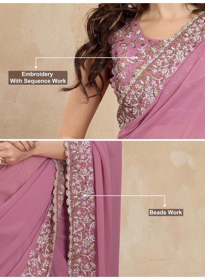 TRENDMALLS Women's Georgette Embroidery Sequin Work Saree with Unstitch Blouse Piece (K1001-Pink-) - Image 5