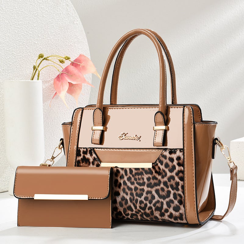 Cross-Border New Leopard Print Two-Piece Womens Bag Handbag Bright Leather Patent Leather Multi-Piece Set Foreign Trade Wholesale Shoulder Crossbody Bag Khaki