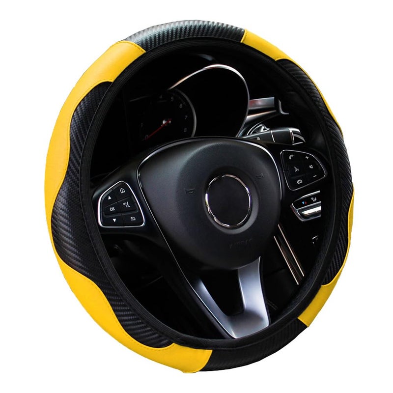 WLERIR Ultra Fine Carbon Fiber Leather Steering Wheel Cover Anti Slip and Sun Protective Protect The Steering Wheel Easy to InstallUniversal of 14515 Yellow - Image 3