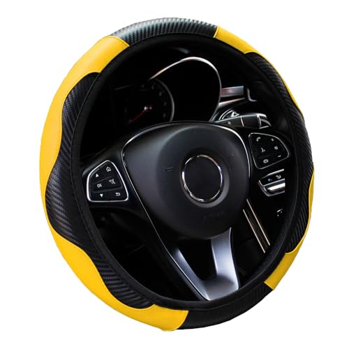 WLERIR Ultra Fine Carbon Fiber Leather Steering Wheel Cover Anti Slip and Sun Protective Protect The Steering Wheel Easy to InstallUniversal of 14515 Yellow - Image 1
