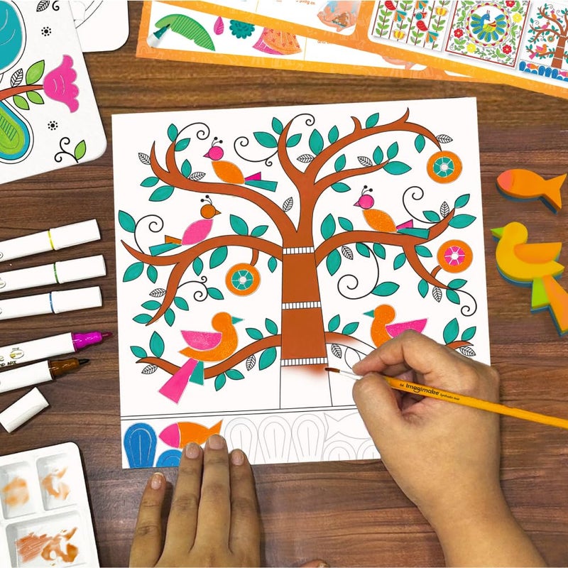 Imagimake DIY Madhubani Art Kit | Make 12 Paintings | Madhubani Painting & Colouring Kit Using Water Brush Pen & Stamps | Art & Craft Kit for Kids & Adults | Gift for Girls Age 8,9,10,11,12 - Image 4